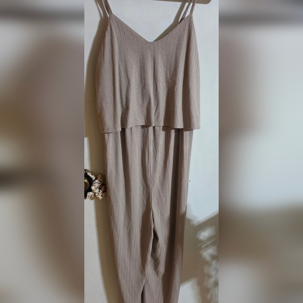 Destination Maternity Ribbed Wide Leg Jumpsuit in Taupe